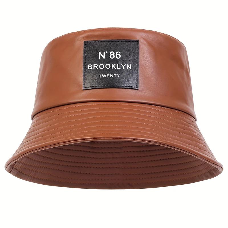 

Унисекс Brooklyn Leather Label Bucket Hat PU Leather Fisherman Hat Outdoor Travel Hat Sunscreen Hats for Men Women Bucket Hats коричневый