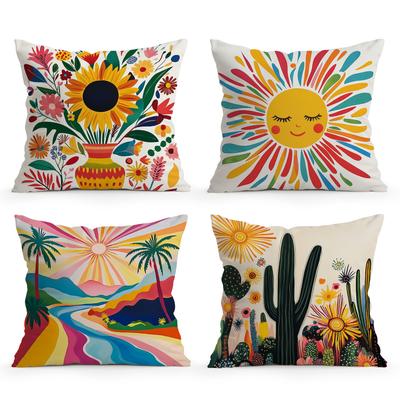 4pcs/set Sunflowers and Cacti Cushions Pillowcase Polyester Cushion Cover Throw Pillow Pillowcover Home Car Sofa Decor