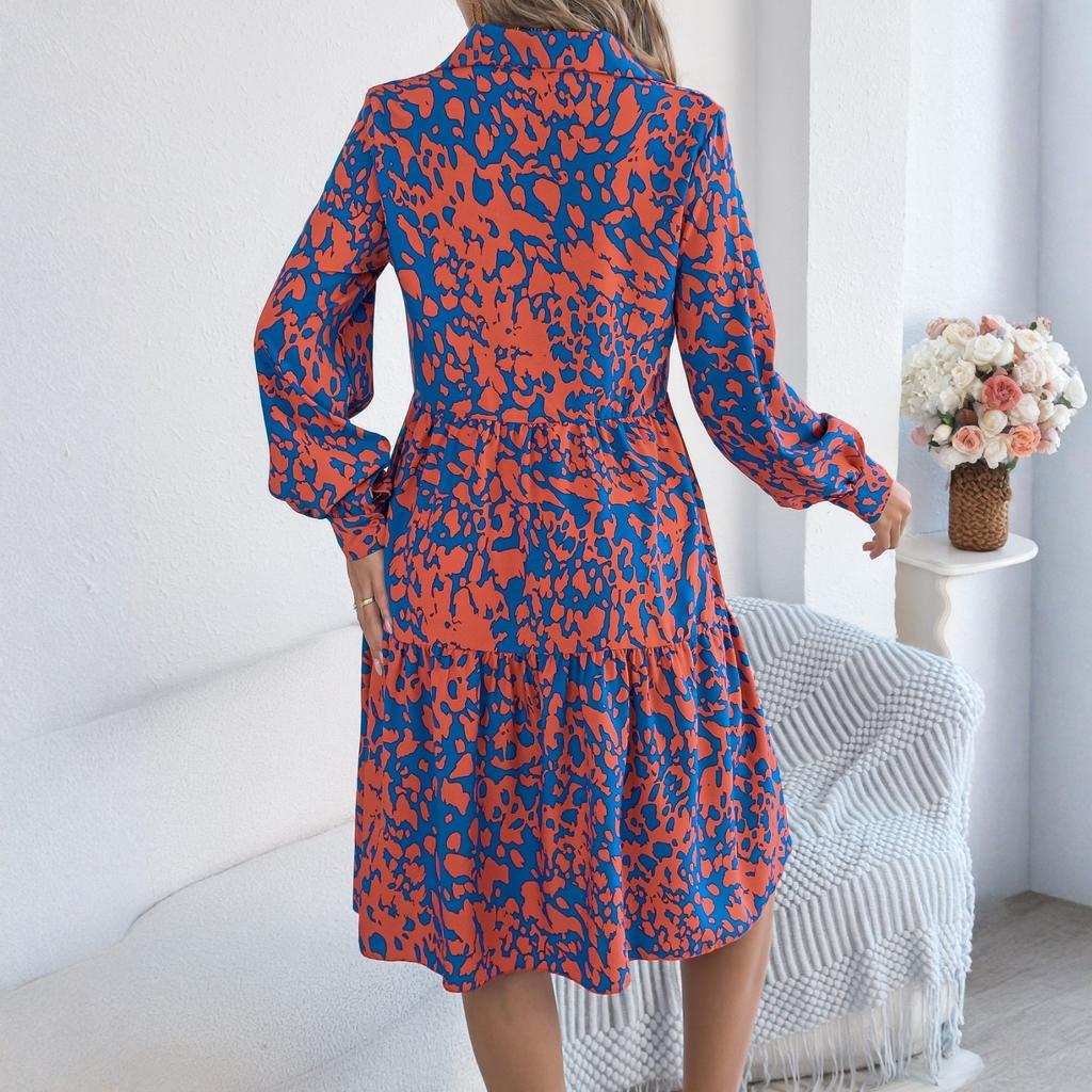 Women's Summer Fashion Printed Lapel Button Loose Long Sleeved Shirt Dress