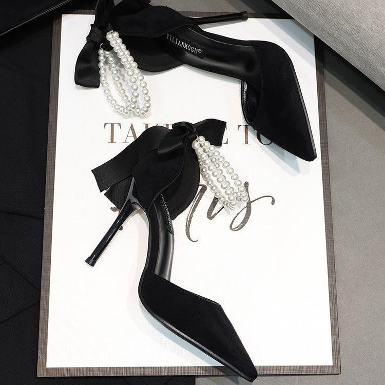 Women's Fashion Bow Sandals Summer Black Simulation Pearls Shoes Sexy Pointed Stiletto Party Office High Heels Zapatos De Fiesta