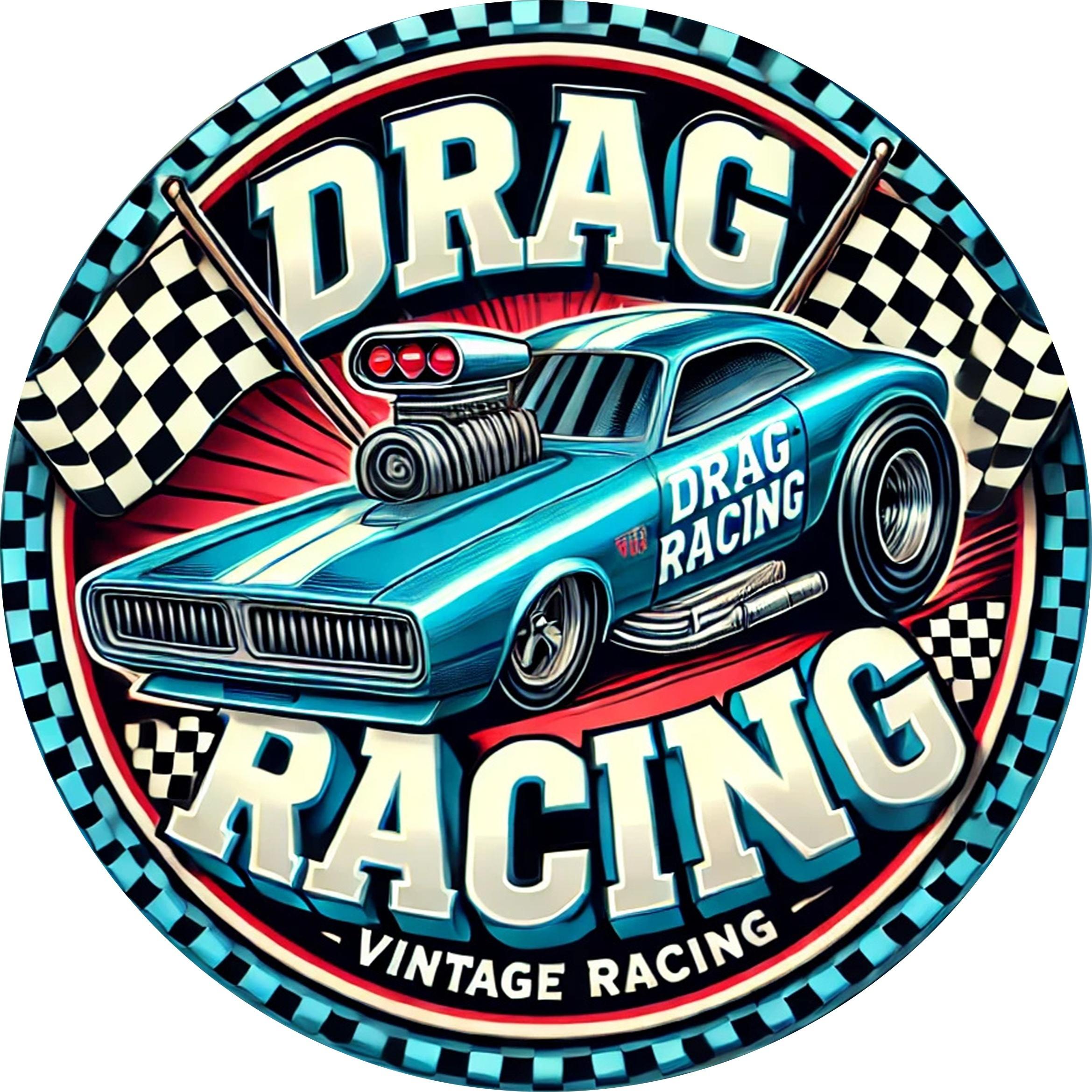 D Flat pc VintageStyle Aluminum Circular Decorative Plaque Rustic Racing Car Design with Checkered Flag Bold 20x20cm(8x8inch)