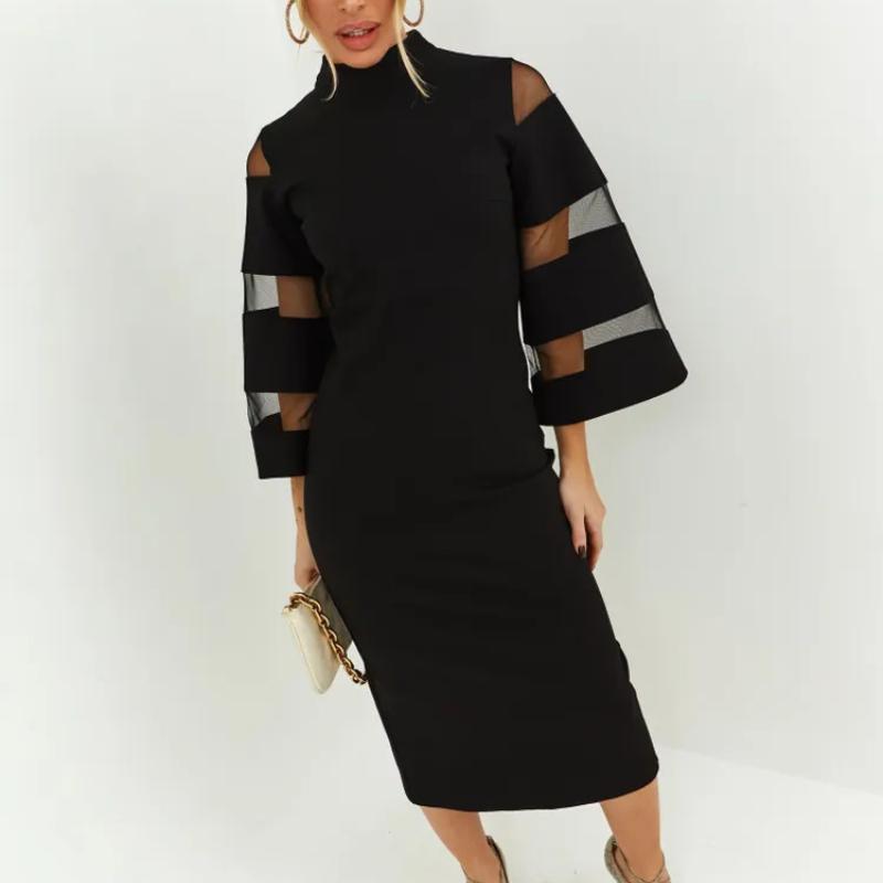 

Европейское и американское женское однотонное платье с круглым вырезом и рукавами-клеш, облегающее бедра L