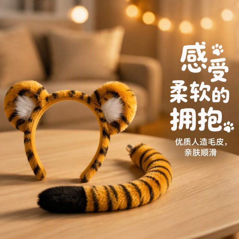 Cartoon Tiger Ears Headband With Tail Set Halloween Party Cosplay Costume Accessory Kids Adult