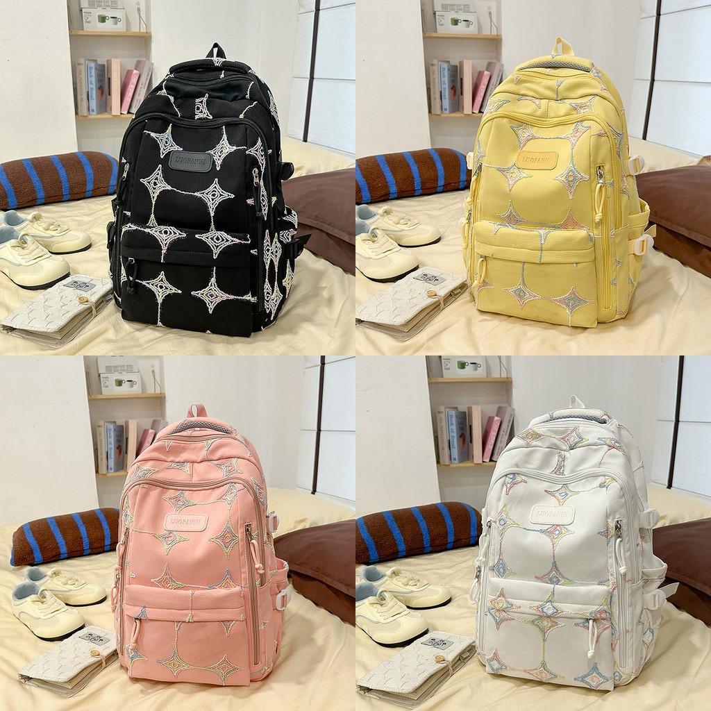 Korean Style Backpack For Girls Boys With Solid Color And Star Embroidery Design For School And Travel