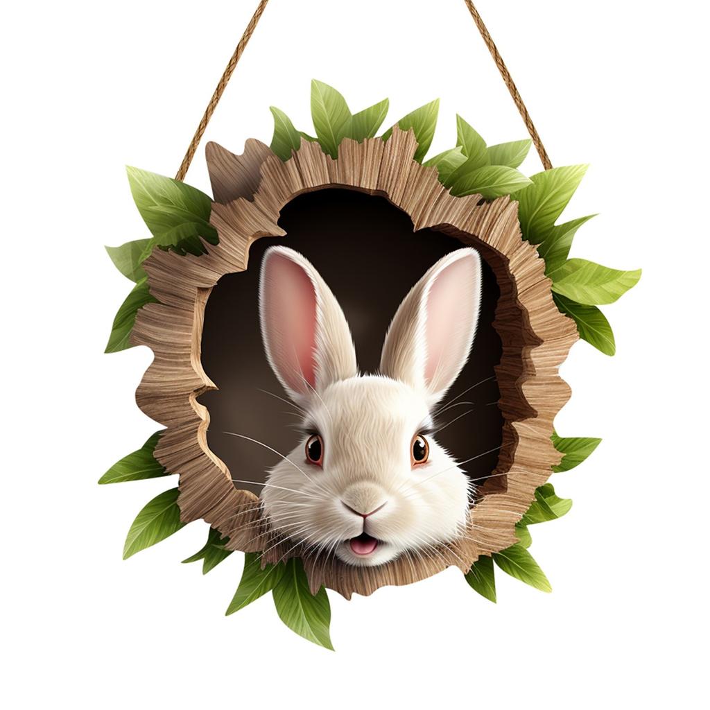 Cute Bunny Hole Wall Stickers Easter Rabbit Door Sign Wooden Rustic Hanging Pendant Welcome Sign Happy Easter Home Decoration