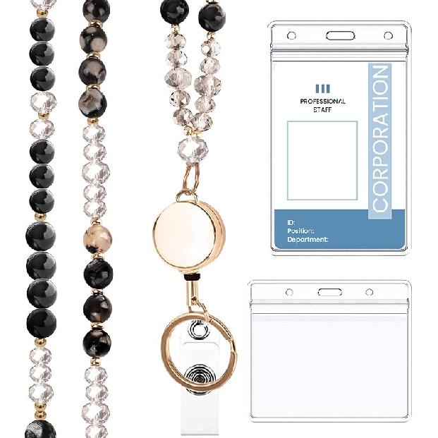 Bohemian Leaf Stone Lanyard for Teachers Retractable ID Badge Holder with Breakaway Clip Natural Stone Teacher Lanyard with Retractable Reel and