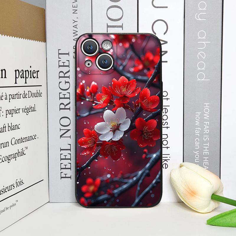 Retro Künstlerisches Rotes Blume Pflaumenblüte Muster Handyhülle für iPhone 17 16 12 11 14 Plus 13 15 Pro Max Mini X XS XR Weiche Hüllen