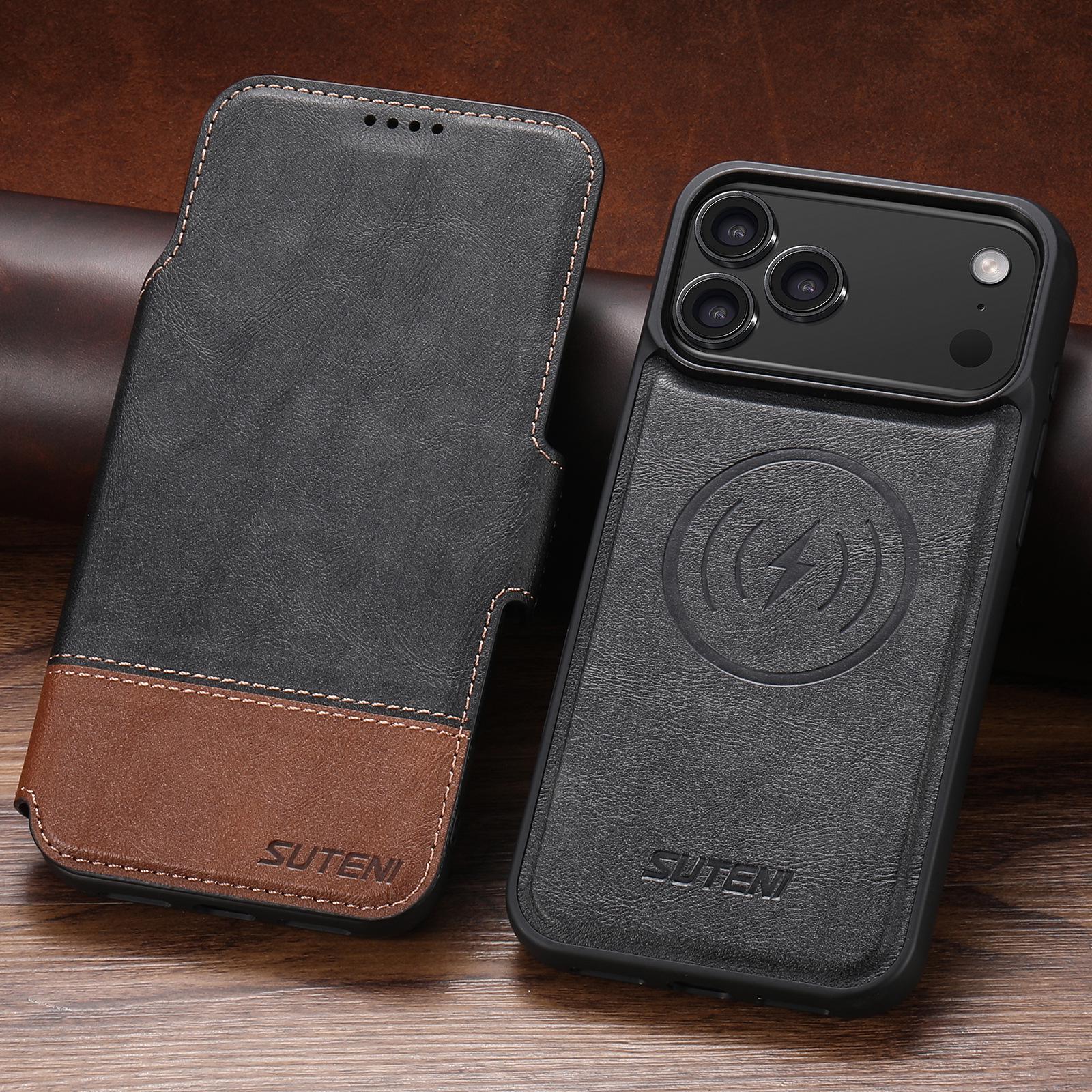 

Шкіряний чохол-книжка для iPhone 17 Pro Max з відділенням для карток, магнітною застібкою, підтримкою бездротової зарядки та функцією підставки. Samsung S26 Ultra
