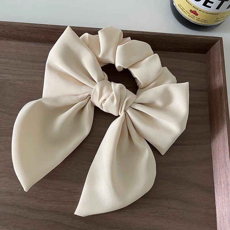 

Сплошной цвет с бантом и лентой для волос, резинки для волос, женские заколки с большим бантом, женская повязка на голову с хвостиком, аксессуары для волос для девочек, подарок бежевый