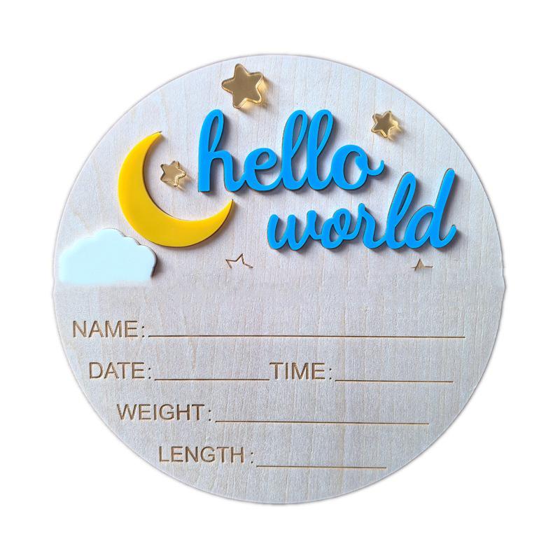 Wooden Hello World Newborn Sign, Cute Birth Announcement Board Baby Announcement