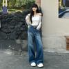 Blue A-shaped wide-leg pants women's loose jeans autumn new high-waisted and thin straight mopping pants tide