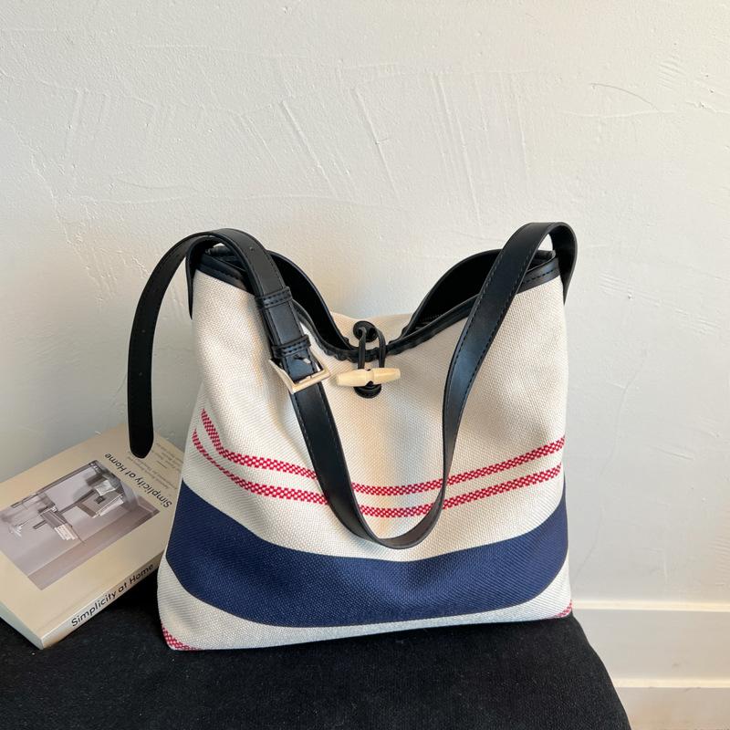 Striped Canvas Bag Women's Large-capacity New Summer Versatile Shoulder Messenger Bag College Student Tote Bag