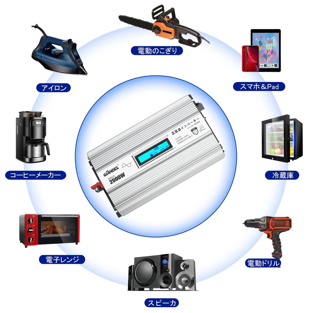 GIANDEL 2000W Onde Sinusoïdale 12V à 100V Convertit DC12V en Inclut Tension Compatible avec Alimentation USB et Deux Prises CA Onduleur, Convertisseur, 55Hz, AC100V,