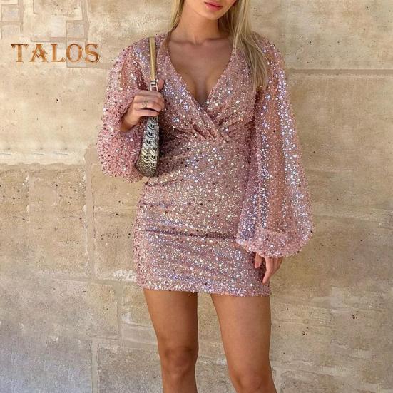 Sexy, figurbetontes Paillettenkleid für Damen, durchsichtiges, langärmliges Minikleid mit tiefem V-Ausschnitt, funkelndes Abend- und Partykleid für Nachtclubs