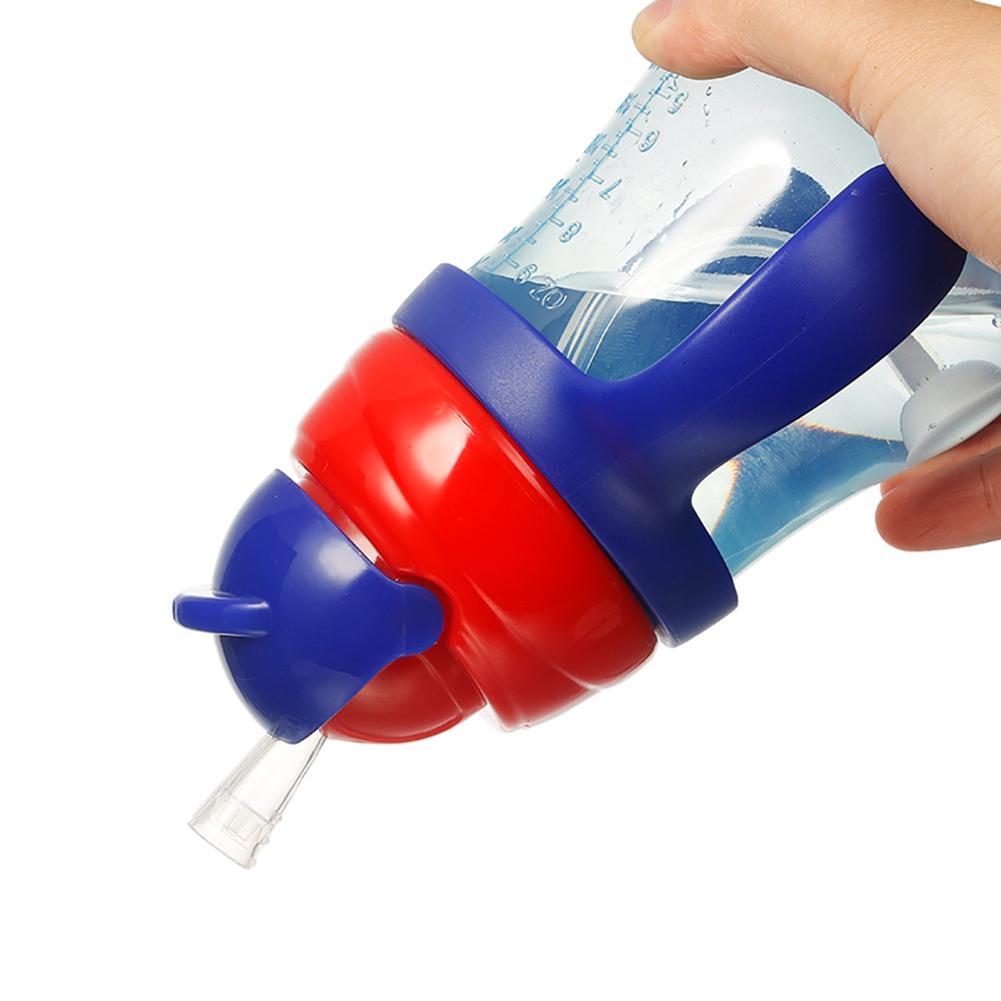 Baby Cups Cartoon Feeding Bottle with Portable Straw Save Cups Sports Bottles(Blue 260mlhandle)
