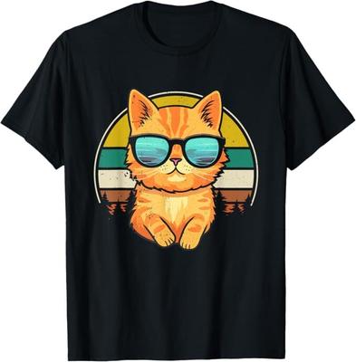 Vintage-Stil Orangefarbene Tigerkatze Freundlich Sonnenbrille Tragend T-Shirt