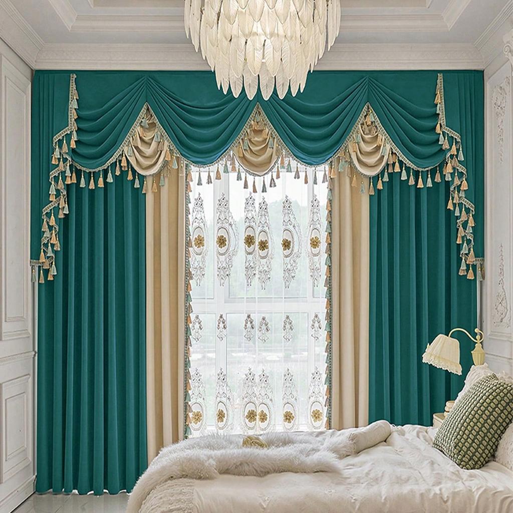 1Pcs European Luxury Tassel Curtain Set: Velvet Blackout + Embroidered Sheer, Court-style Valance, Home Decor