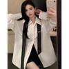 Women's White Tie Long Sleeve Mid-Length Casual Shirt – Spring/Autumn Loose Style