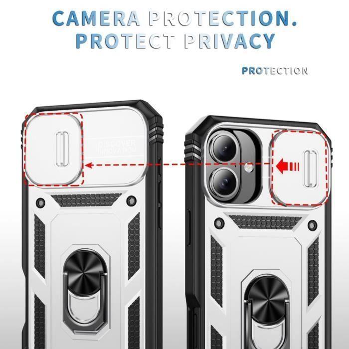 Coque de protection - Antichoc - pour iPhone 16 - Argenté - Rigide - Protège-caméra coulissant