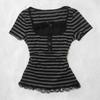 TrendHub Gothic Harajuku Y2K Women's Crop Top Casual Slim Fit Striped Lace Bow Button Design Short Sleeve T-Shirt Chic Trendy Streetwear