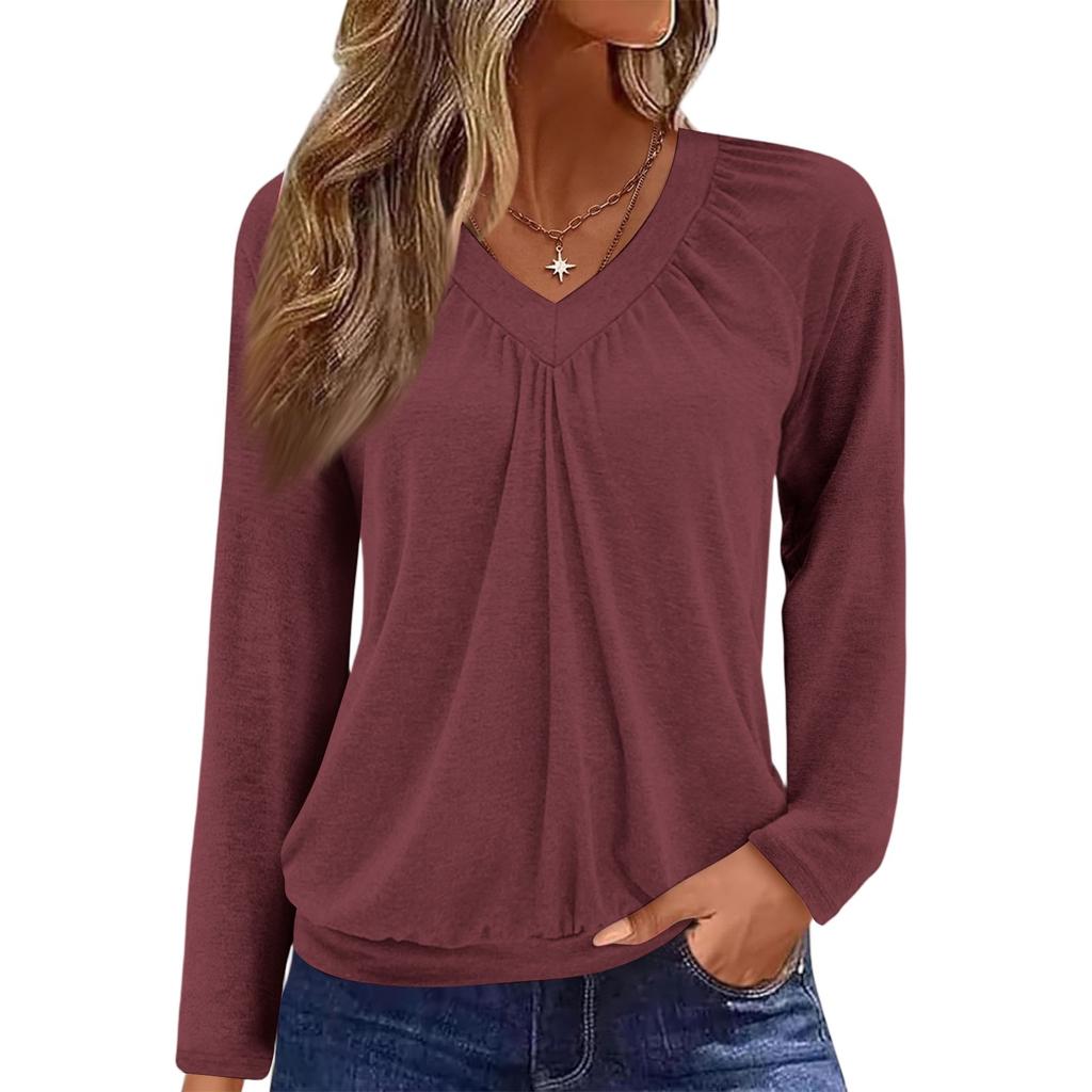 Women's Casual Fashion V-Neck Raglan Pleated Color Long Sleeve Top