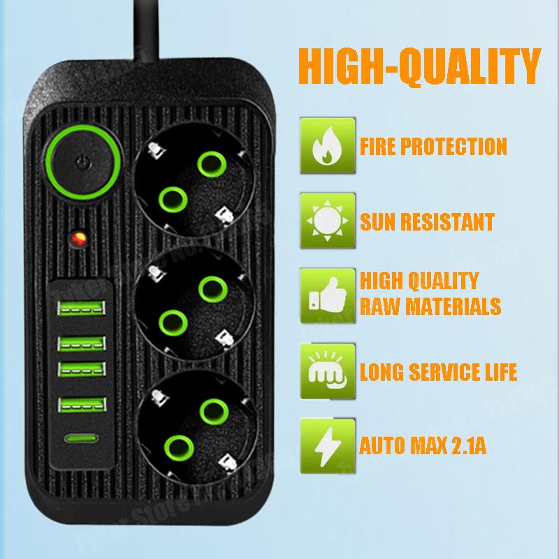 

NEW F09 F14U F16U EU Plug AC Outlet Smart Power Strip Multiprise Extension Cord Electrical Socket Network Filter With USB Type C EU Plug