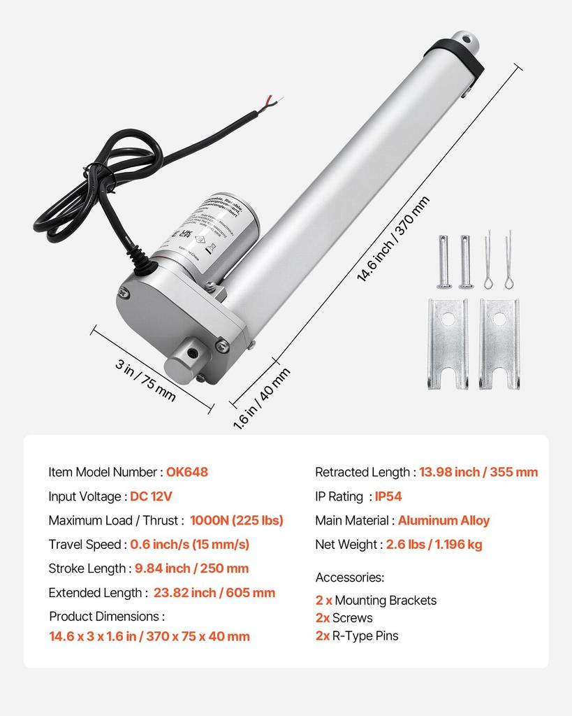 12V Linear Actuator, 250mm Stroke 15mm/s High-Speed 1000N Linear Motion Actuator - with IP54 Protection & Mounting Bracket for Lift Desk, Recliner