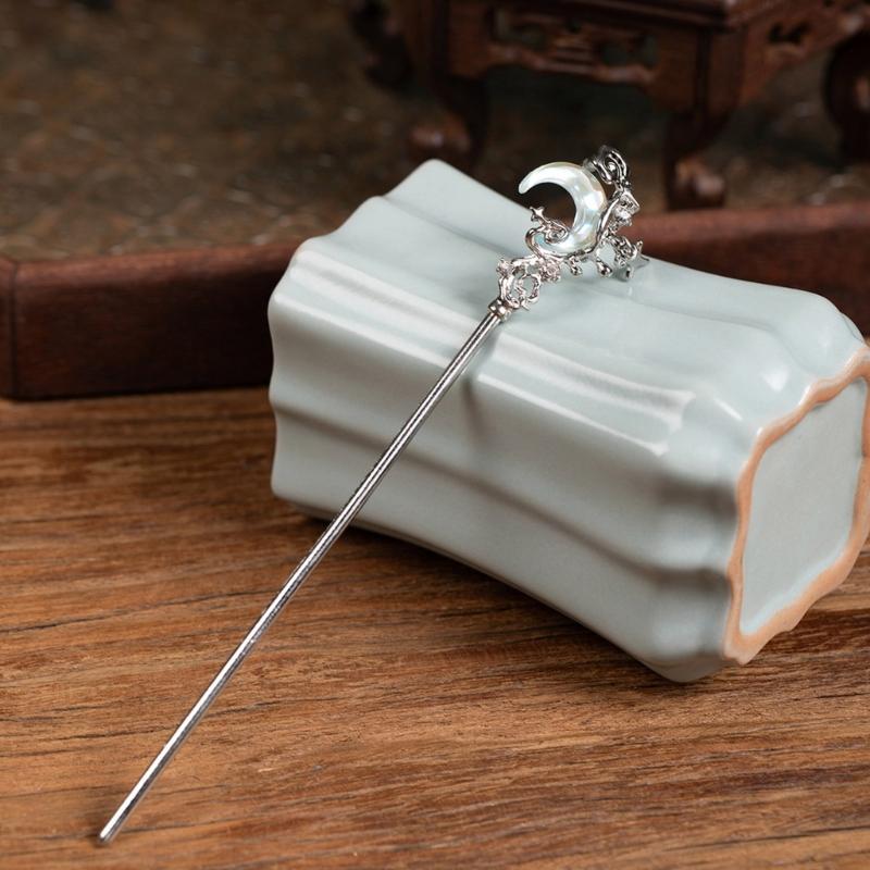 4PCS Silver Hair Bun Sticks For Long Hair Ancient Metal Hairpins With Moonstone Decoration Chinese Costume Hairpin