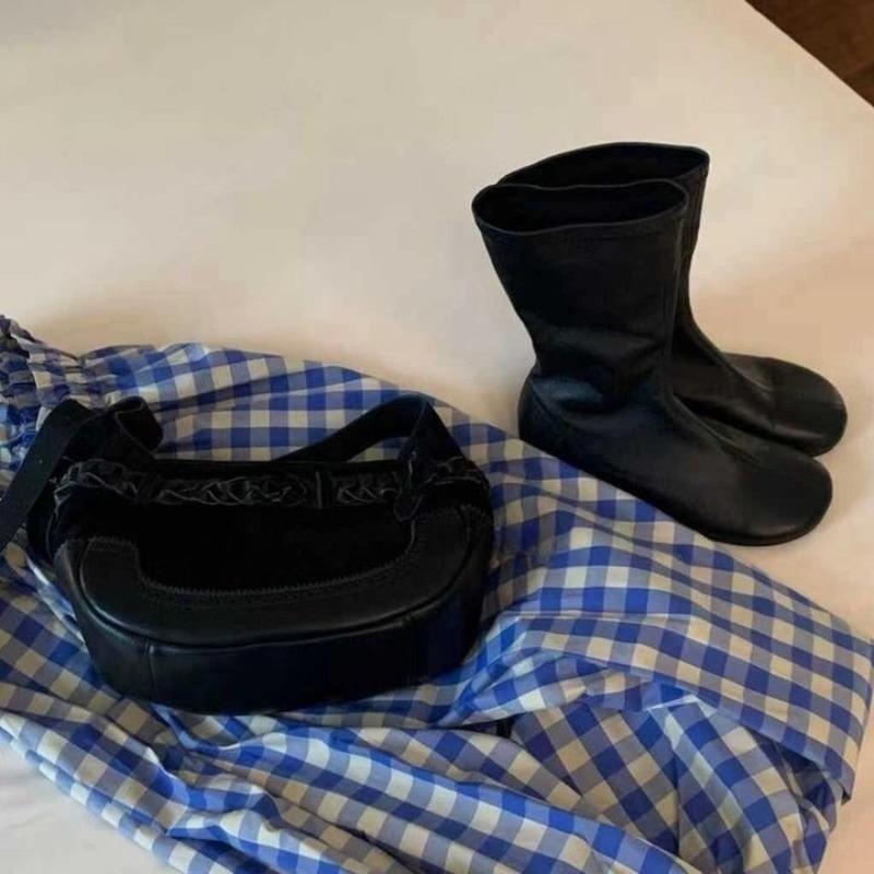 New Retro-style Square-toe Flat Leather Boots for Women, Versatile Shoes, Nude Boots