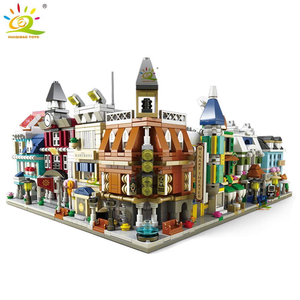HUIQIBAO Moc Architecture Street View Building Blocks coffee Store Restaurant Room Children City Construction Brick Toy Set Gift