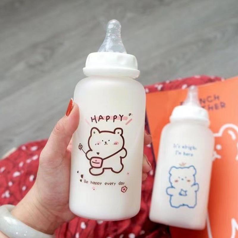 400Ml Kawaii Plastic Strawberry Bear Glass Water Bottle For Kids Adult Milk Juice Straw Cup Frosted Leakproof Drinking Bottles