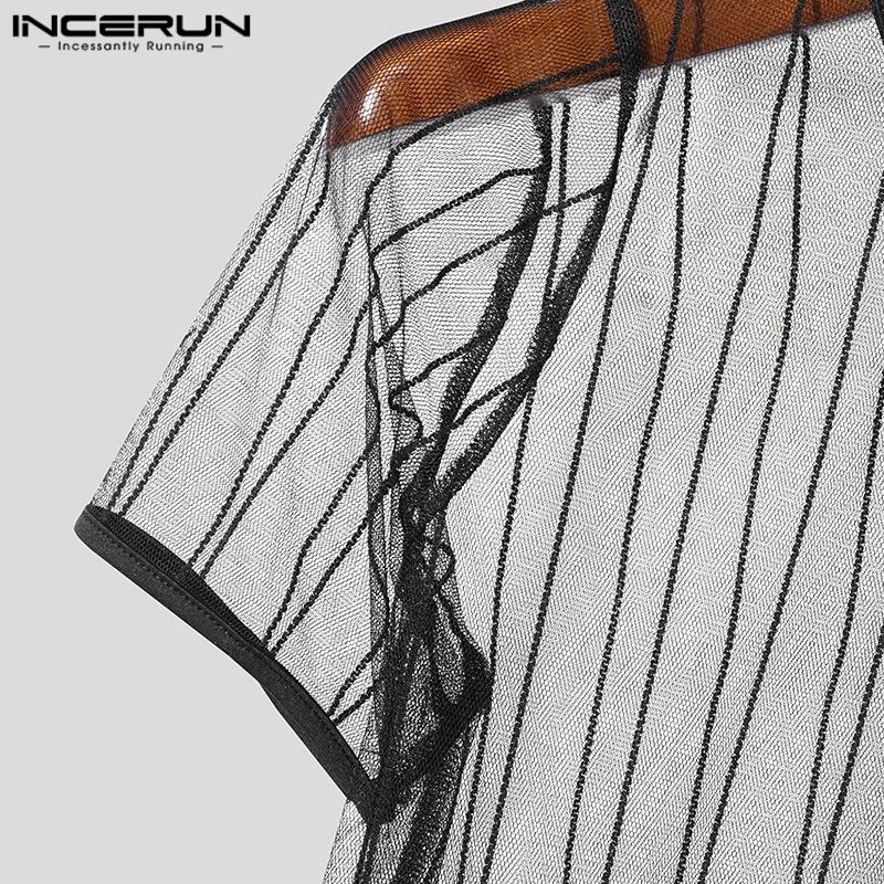 INCERUN Summer Men Short Sleeve Mesh Sheer Striped Ftiied Cropped T-shirts