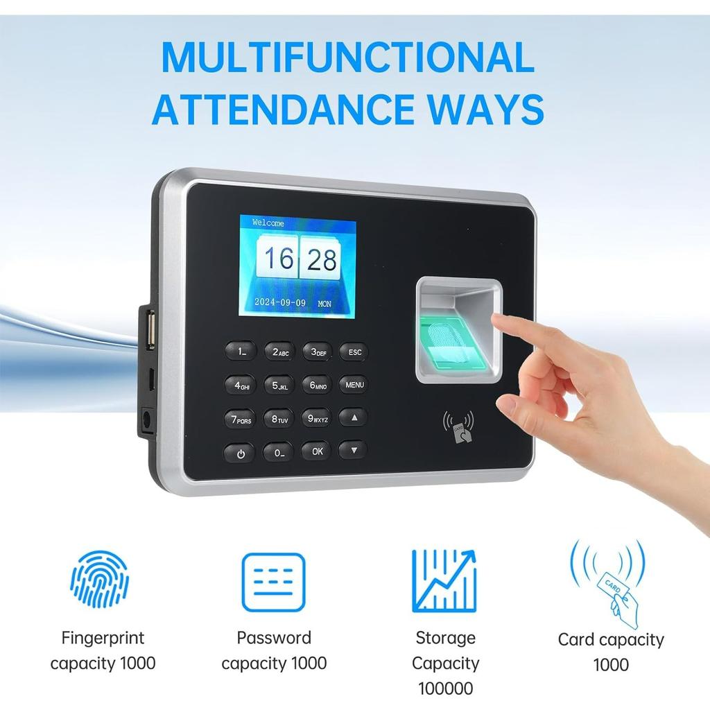 Biometric Time Clock Attendance Machine for Employees Support 1000pcs Fingerprint/Password/ID Card Recognition 5 Languages System USB Port Data