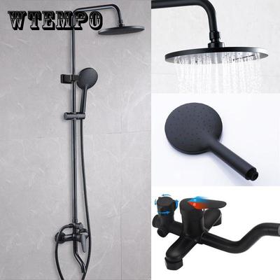 Black Brass Shower Faucet Set Rainfall Bathtub Tap with Bathroom Shelf 3 Functions Height Adjust Shower Mixer Crane