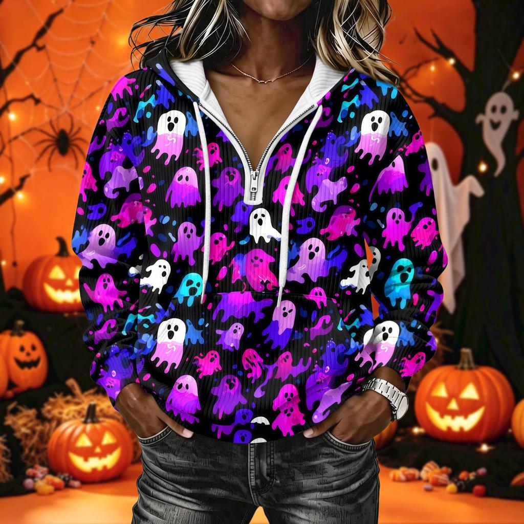 Women's Halloween Print Long Sleeve Hoodie Pullover Sweatshirt