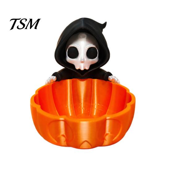Einzigartige Süßes oder Saures Schüssel Halloween Süßigkeitenschale, 3D-gedruckter Sensenmann Snackhalter Schale, Gruselige Harz Organizer Skelett Servierschale für Zuhause,