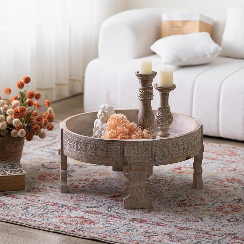 American Retro Round Side Table: Solid Wood Carved Coffee Table for Hotel or Homestay Décor