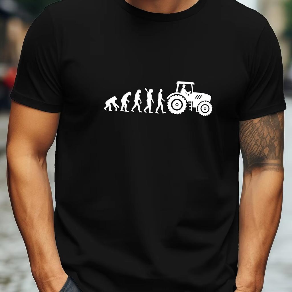 Men Humorous Tractor Evolution Contour Graphic Print Tshirt Casual Round Neck Short Sleeve Tshirt Comfortable Street Cotton