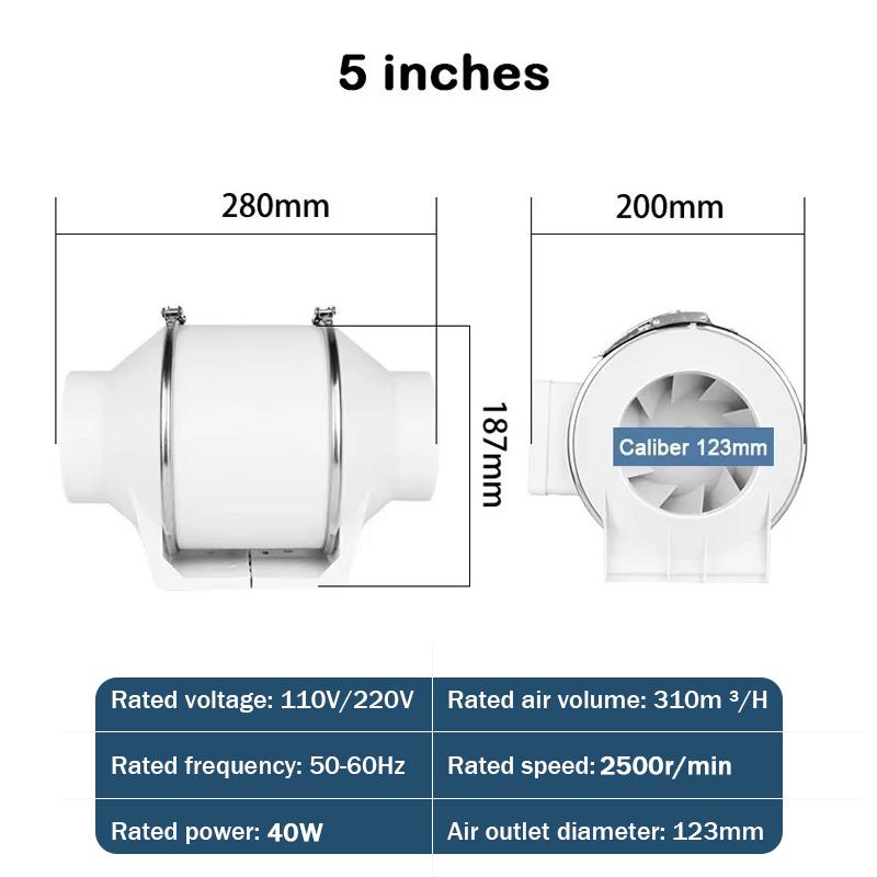 3/4/5 inch Exhaust Fan Home Silent Inline Pipe Duct Fan Bathroom Extractor Ventilation Kitchen Toilet Wall Air Ventilator 110V