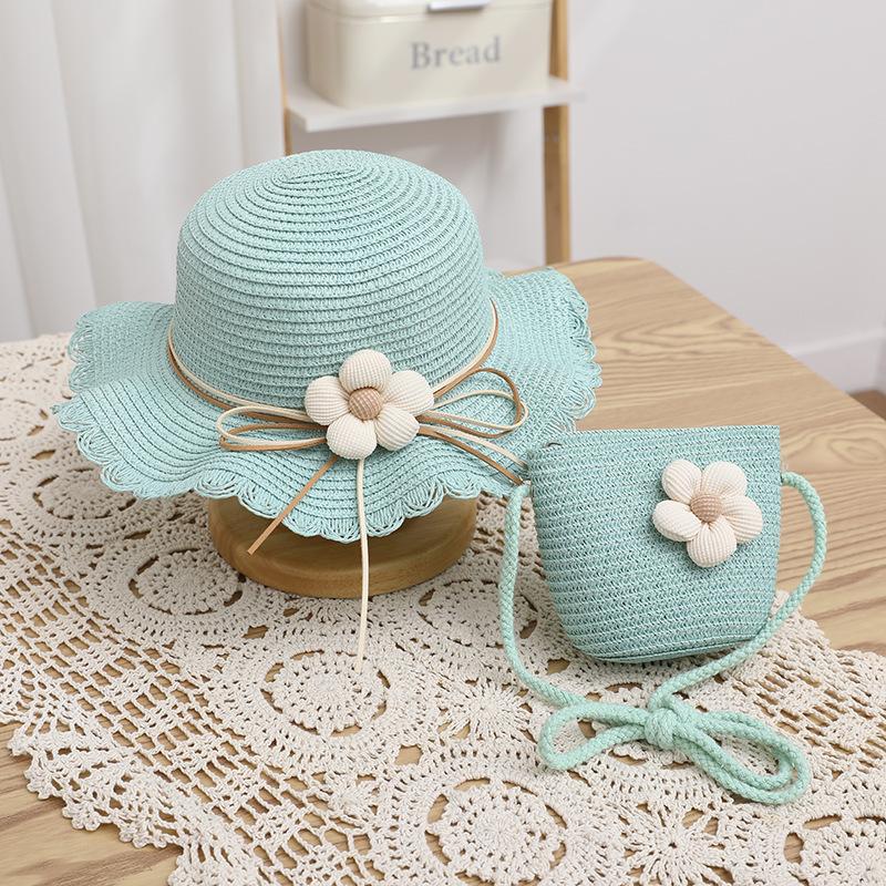 

2PCS New Summer Cute Baby Girl Straw Hat Solid Color Lace RuffleKids Fisherman Outdoor Beach Caps SunshadeWide brim Bucket Hats 48-52CM