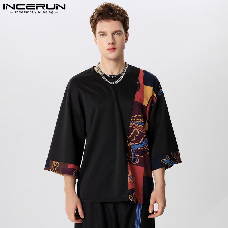 INCERUN bărbați cu mânecă scurtă Patchwork tricou casual de vară vintage cu imprimeu topuri