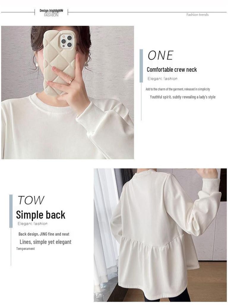 Maternity Korean Style Two-Piece: Color-Reducing, Age-Reducing Baby Doll Shirt & Long-Sleeved Sweatshirt - Plus Size, Slimming, Cover Belly.