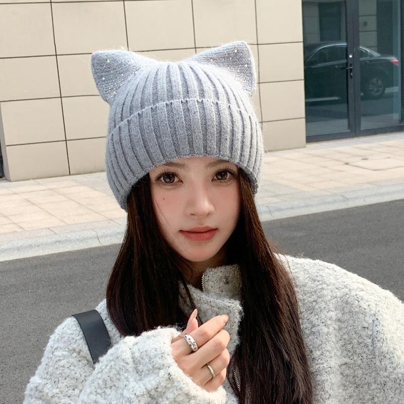 New wool hat cat ears ear protection autumn and winter warm cold hat men's and women's cute knitted hat