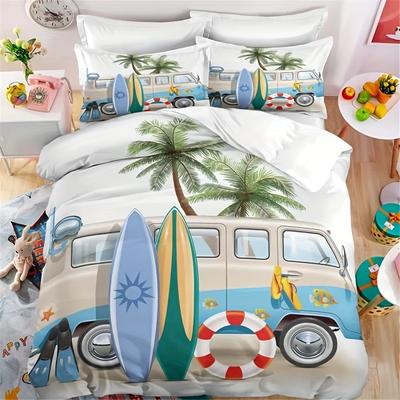 2/3-teiliges Camping-Bettbezug-Set Bus Surfbrett Palme Bettwäsche für Schlafzimmer Bettwäsche-Set mit 1 Bettbezug und 1/2 Kissenbezug