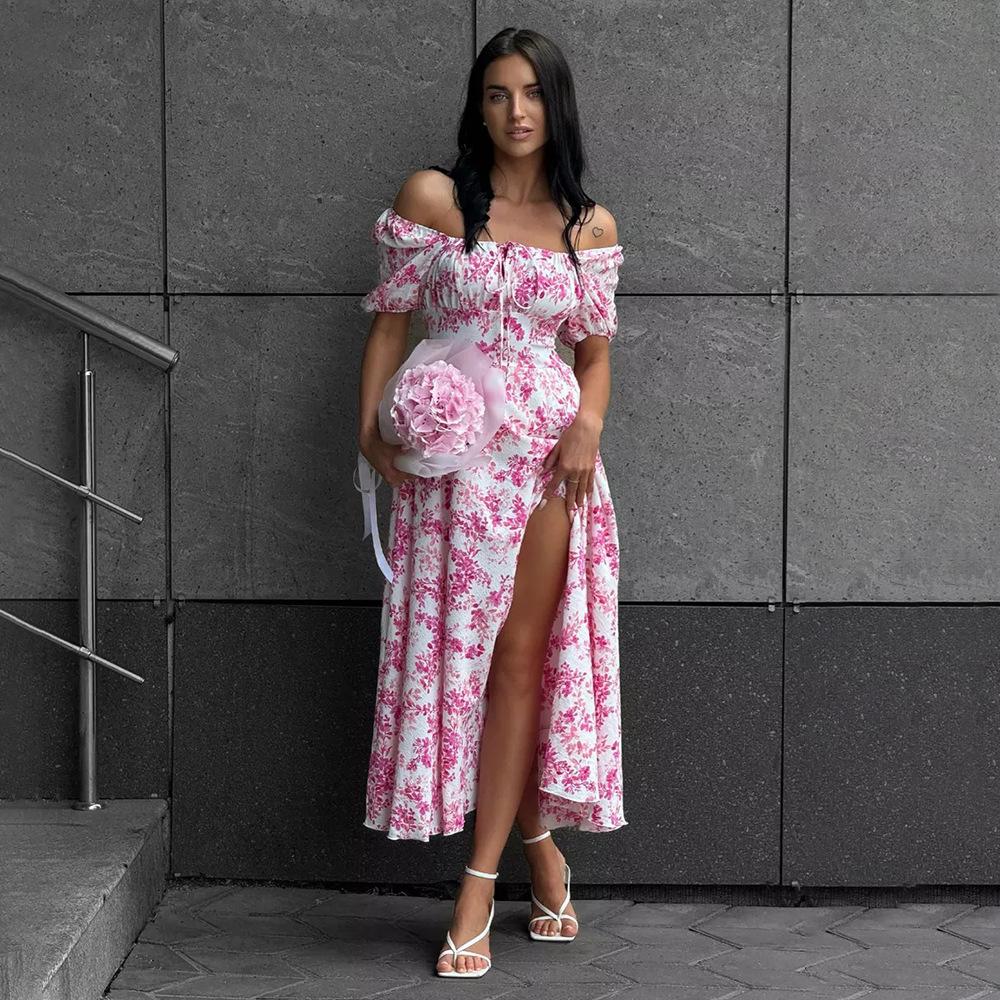 Off-the-shoulder floral dress, European and American summer new short-sleeved lace-up dress, printed split-ended dress