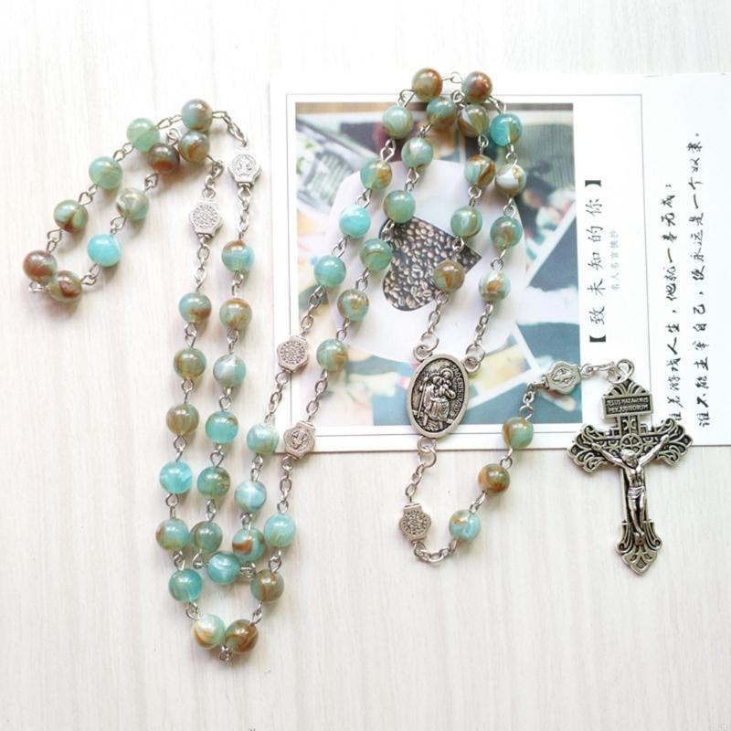 62KD Rosary Beads Necklace 6mm with Jesus Christ Crucifix for Cross Catholic Pendant Party Gift