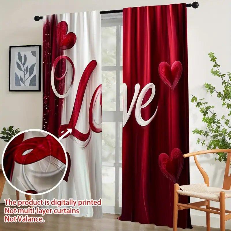 2 Stück - 2D flach bedruckte romantische rot-weiße Musterdruckvorhänge, Fensterdekoration, Heimdekoration, Raumdekoration