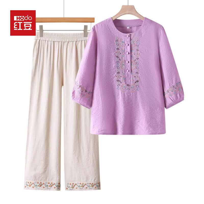 Hodo Women s Imitation Cotton Linen Mid-Sleeve Top & Two-Piece Set XL