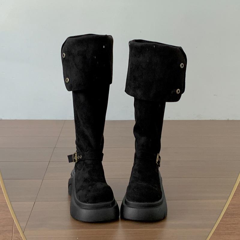 Winter Vintage Platform Thick Sole Woman Knight Boots Fashion Belt Buckle Slip On Shoes Punk Style Height Increase Long Booties