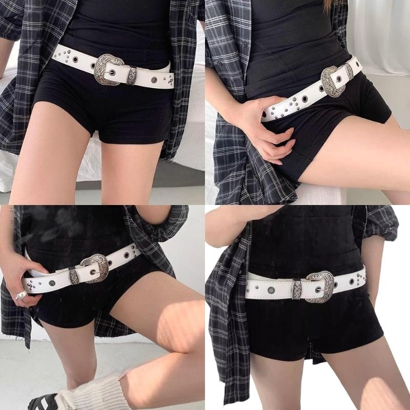 Antique Rivets Studded Waist Belt With Engraved Pattern Buckles PU Leather Pin Buckles Waistband For Women Jeans Pants